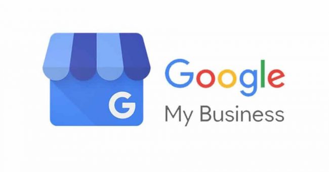 Google my business logo, with a store front, and the words Google My Business to the right in rainbow colors