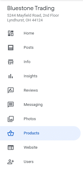 Google My Business Console Menu, with the tab "Products" highlighted
